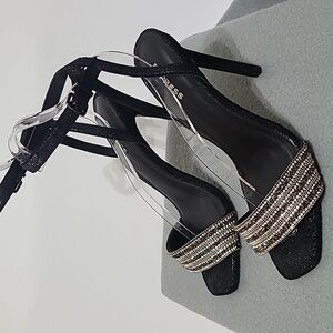 EXPRESS Women's Black Rhinestone Strappy 4 inch Open Toe Heels - Size 7.5